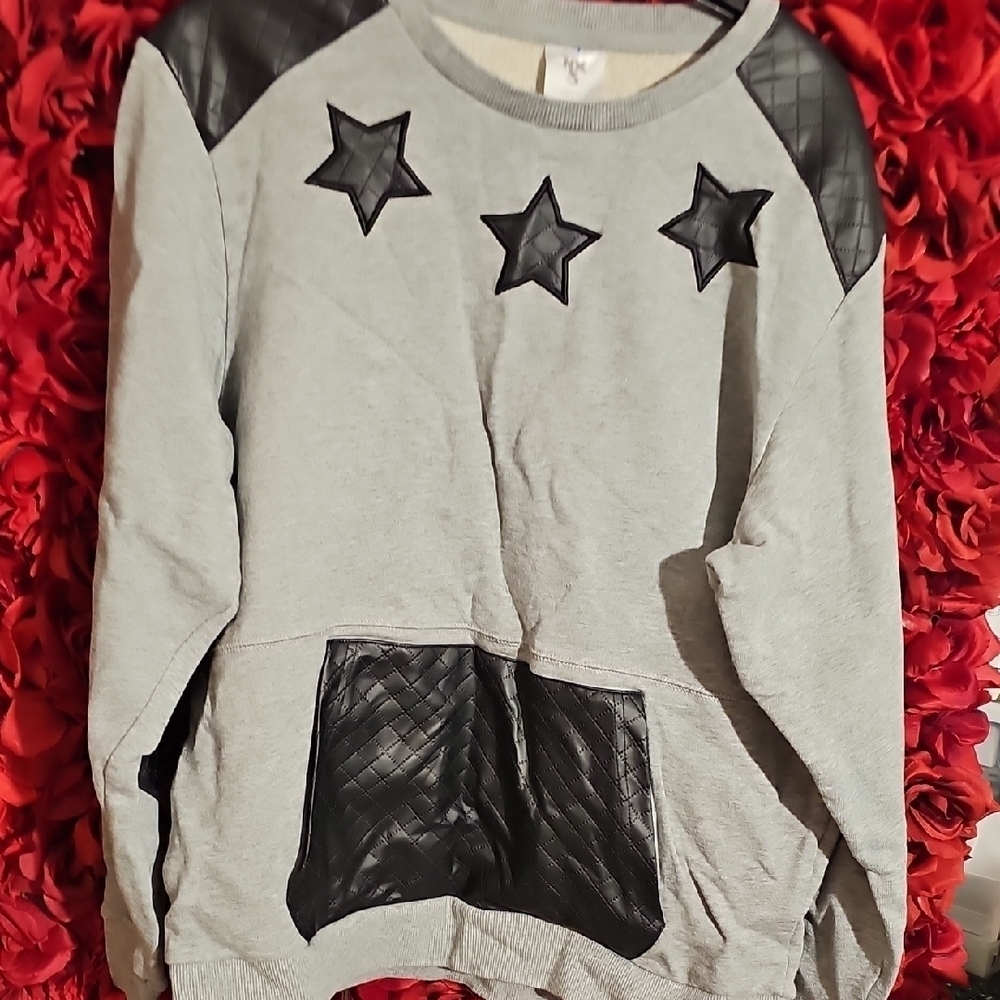 Women's Gray Heavy Sweatshirt with Black Pleather Star Accents Size Small